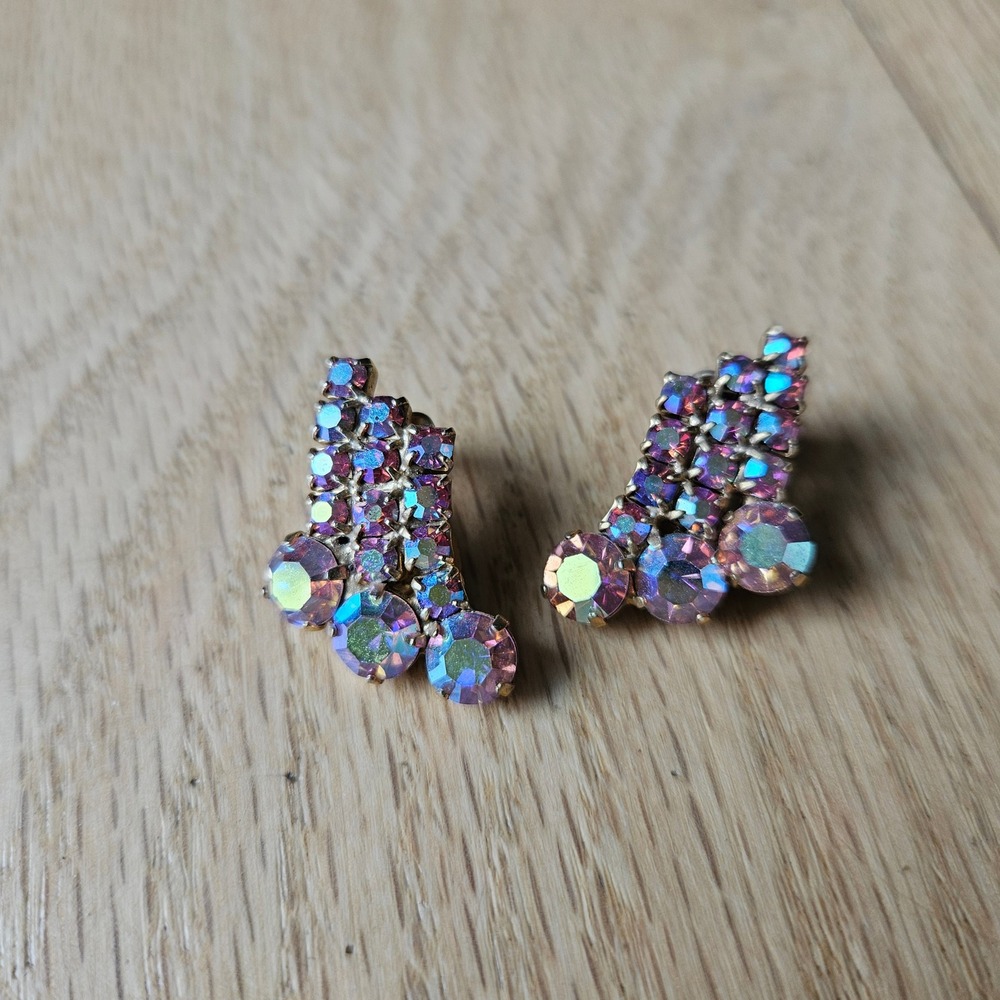Vintage Aurora Borealis Rhinestone Clip On Earrings Gold Tone Waterfall AB Pink